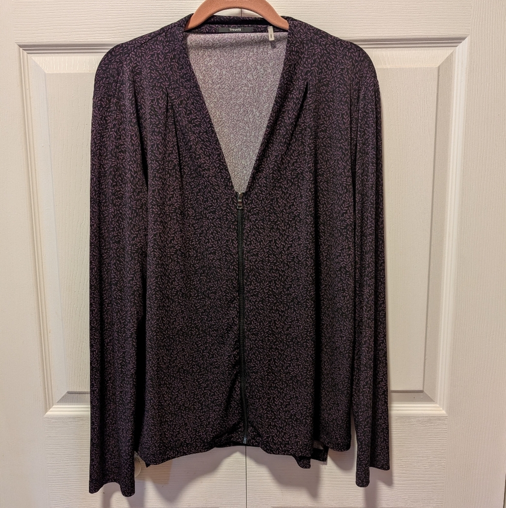 Tahari Womens Purple Black Long Sleeve Full Zip Knit V-Neck Shirt Size Large